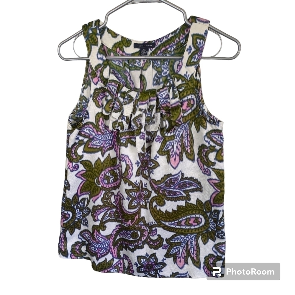 Tommy Hilfiger Green/White/Pink Paisley‎ Tank Blouse with Neckline Fringe Size S